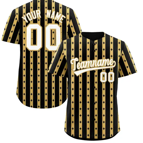 Black Old Gold Thick Striped Star Pattern Baseball Jersey