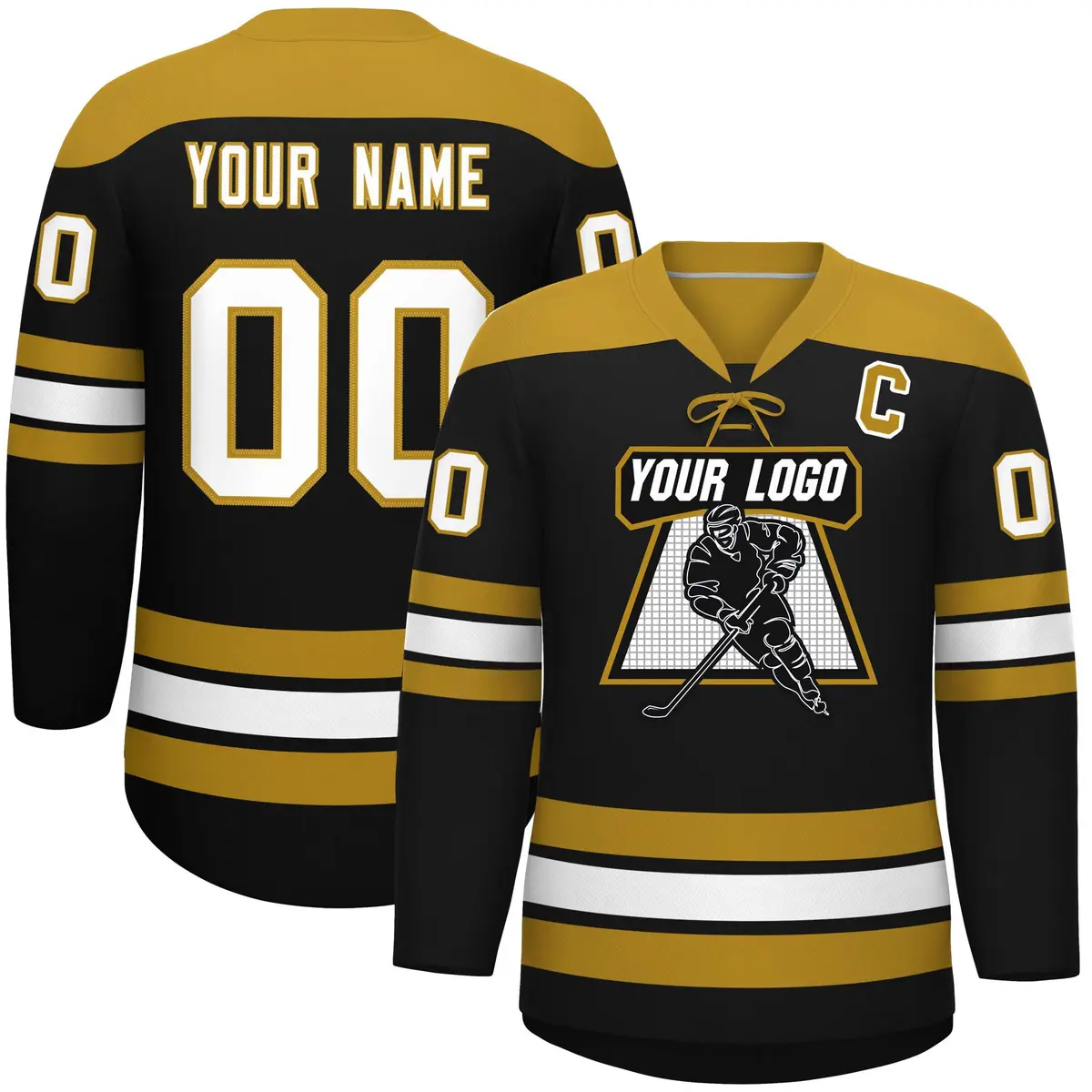 Black Old Gold White Classic Lace-Up Neck Hockey Jersey