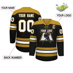 Black Old Gold White Classic Lace-Up Neck Hockey Jersey 2