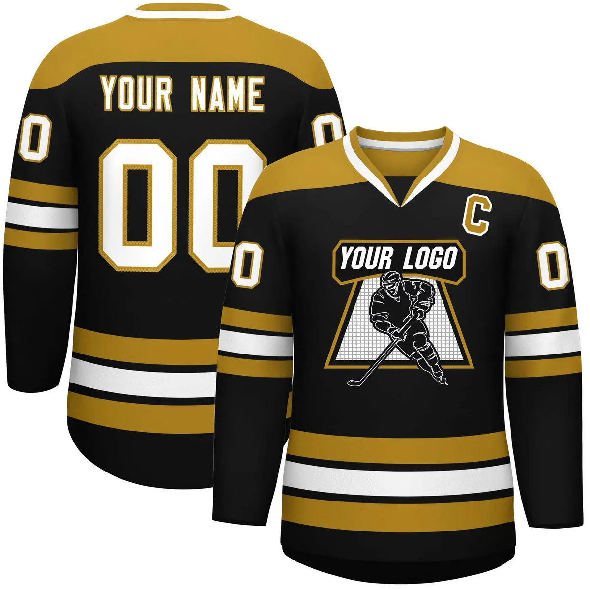 Black Old Gold-White Classic V-Neck Hockey Jersey