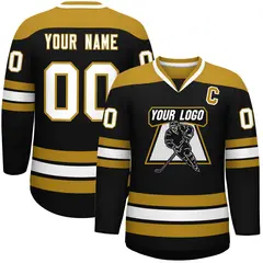 Black Old Gold-White Classic V-Neck Hockey Jersey