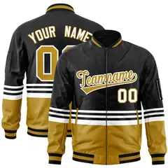 Black Old Gold-White Color Block Varsity Full-Zip Letterman Bomber Jacket