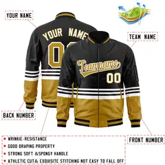 Black Old Gold-White Color Block Varsity Full-Zip Letterman Bomber Jacket 2