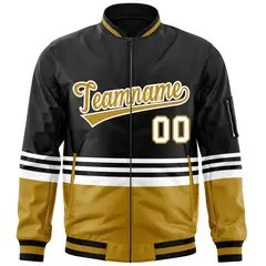 Black Old Gold-White Color Block Varsity Full-Zip Letterman Bomber Jacket 3