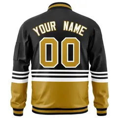 Black Old Gold-White Color Block Varsity Full-Zip Letterman Bomber Jacket 4