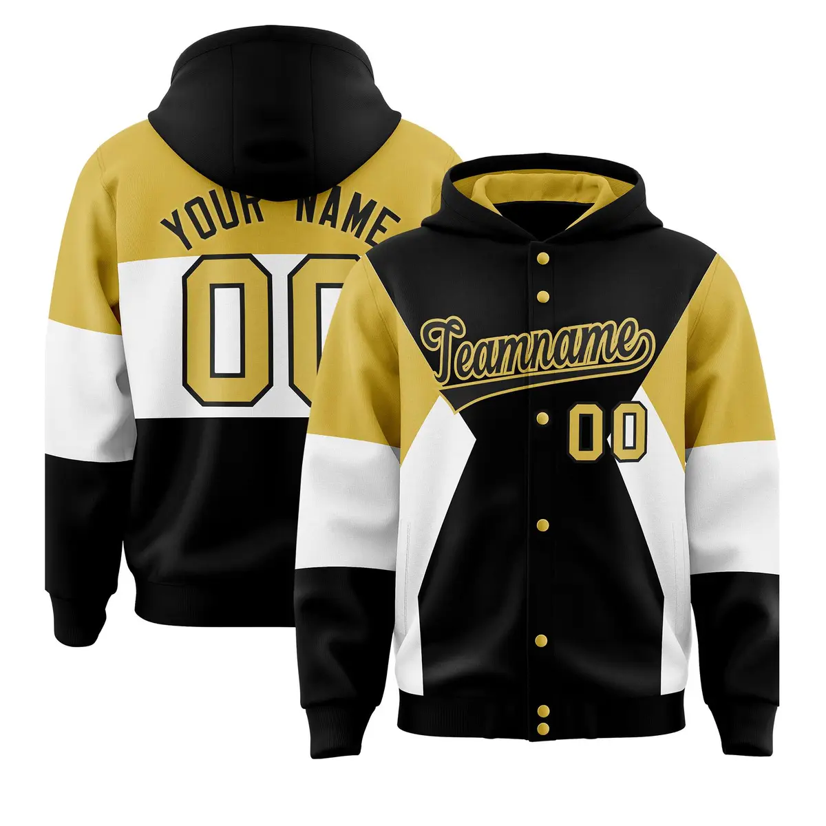 Black Old Gold-White Color Block Varsity Letterman Jacket Hoodie
