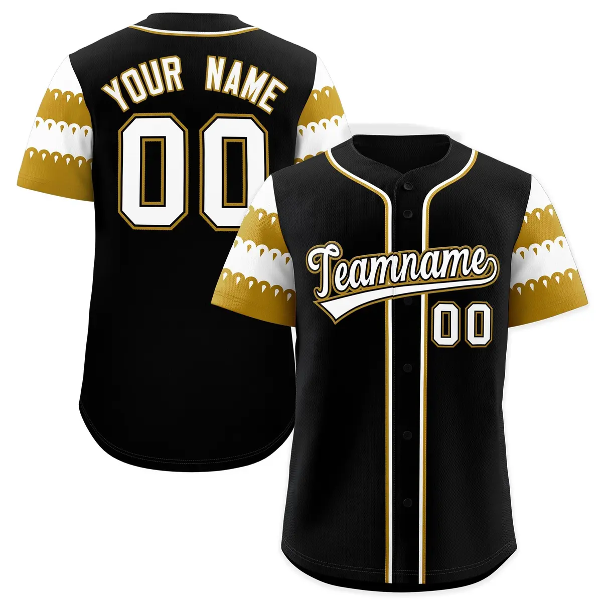 Black Old Gold White Flag Lace Sleeve Baseball Jersey
