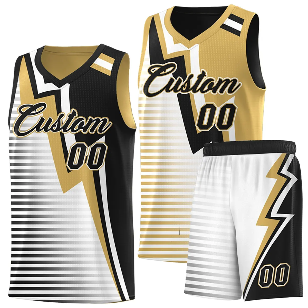 Black Old Gold White Gradient Lightning Stripe Reversible Basketball Jersey