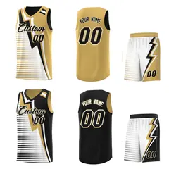 Black Old Gold White Gradient Lightning Stripe Reversible Basketball Jersey 2