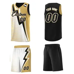 Black Old Gold White Gradient Lightning Stripe Reversible Basketball Jersey 5