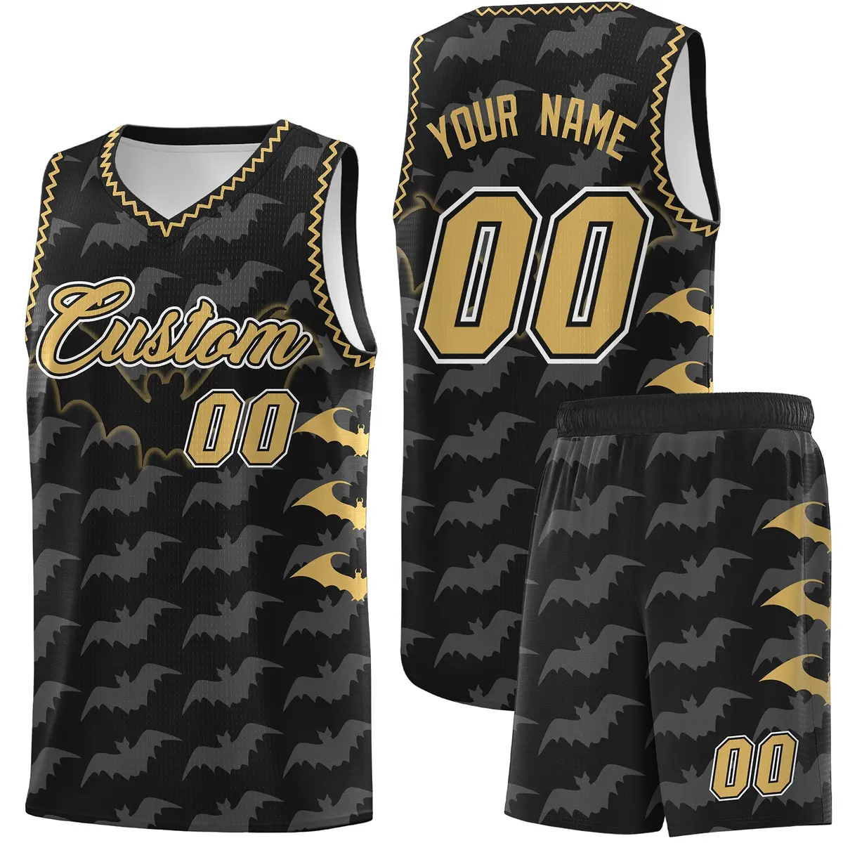 Black Old Gold White Halloween Bat Pattern Basketball Jersey
