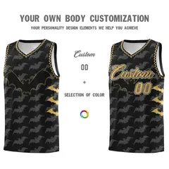 Black Old Gold White Halloween Bat Pattern Basketball Jersey 3