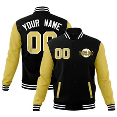 Black Old Gold White Raglan Sleeves Cotton Letterman Jacket