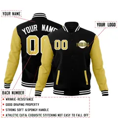 Black Old Gold White Raglan Sleeves Cotton Letterman Jacket 2