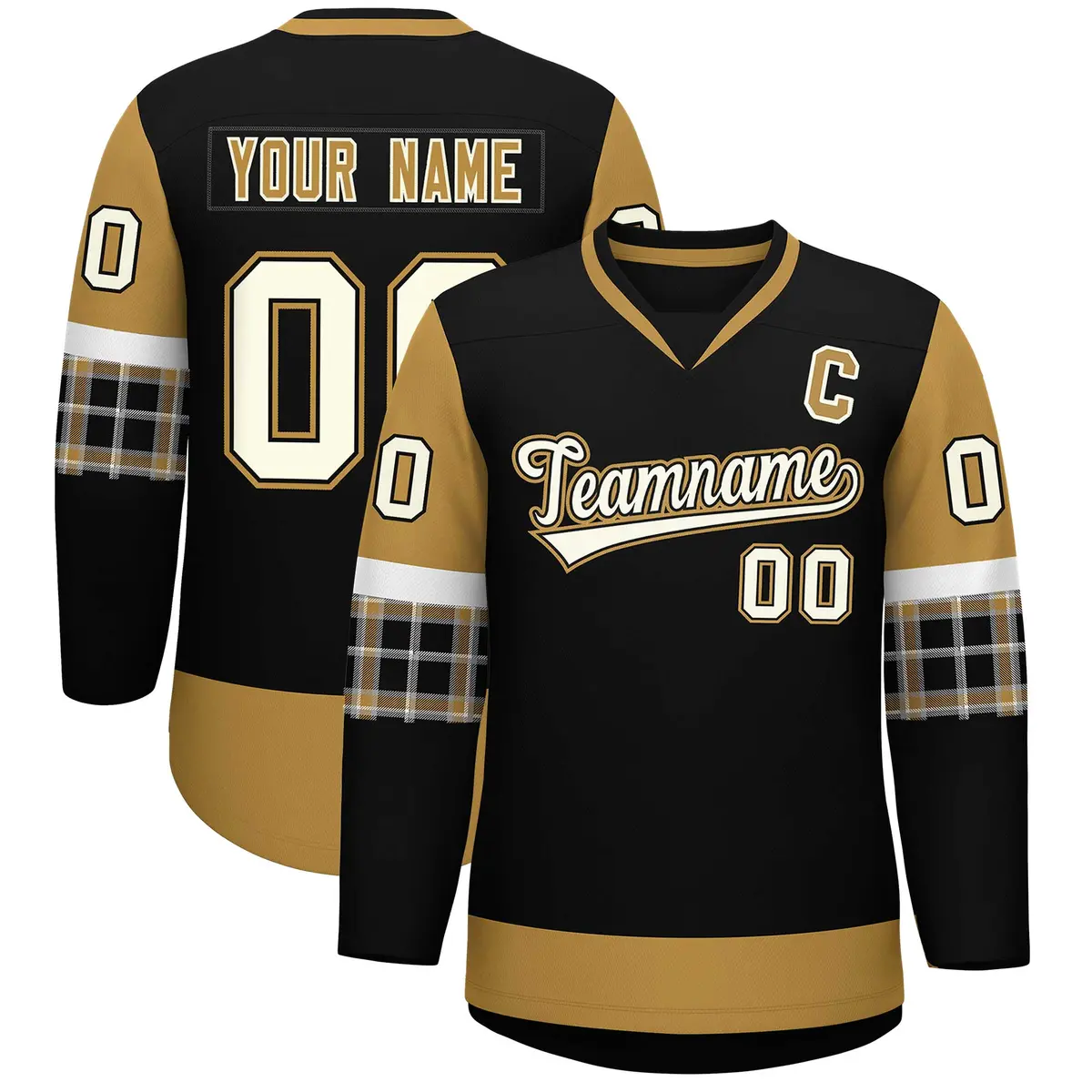 Black Old Gold-White Raglan Sleeves V-Neck Hockey Jersey