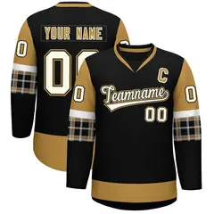 Black Old Gold-White Raglan Sleeves V-Neck Hockey Jersey