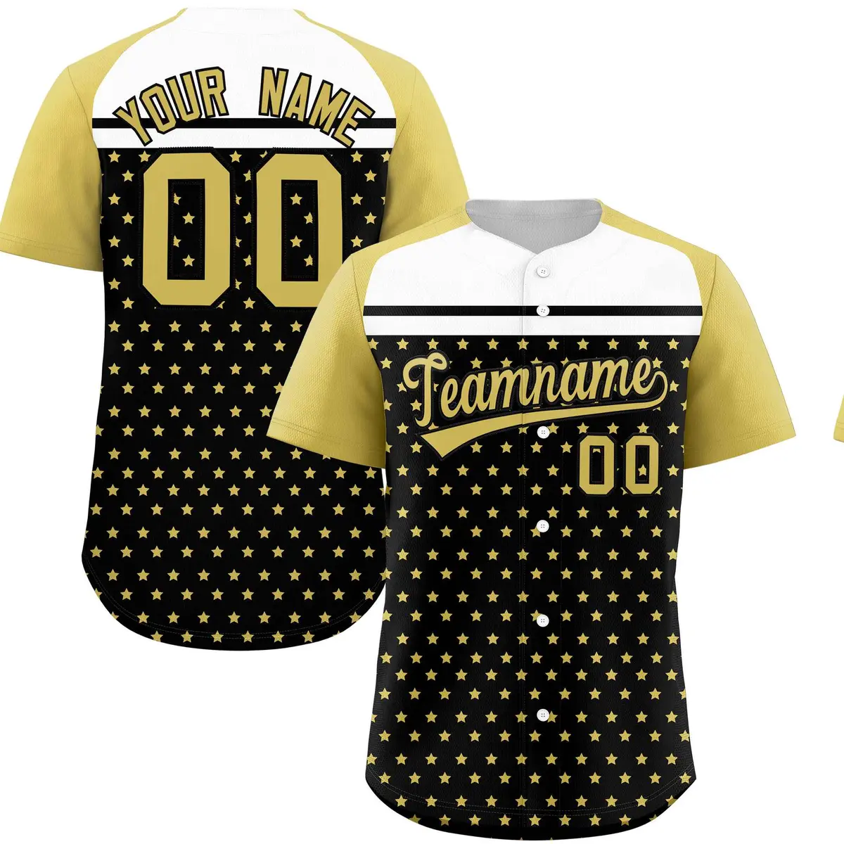 Black Old Gold-White Raglan Star Print Baseball Jersey