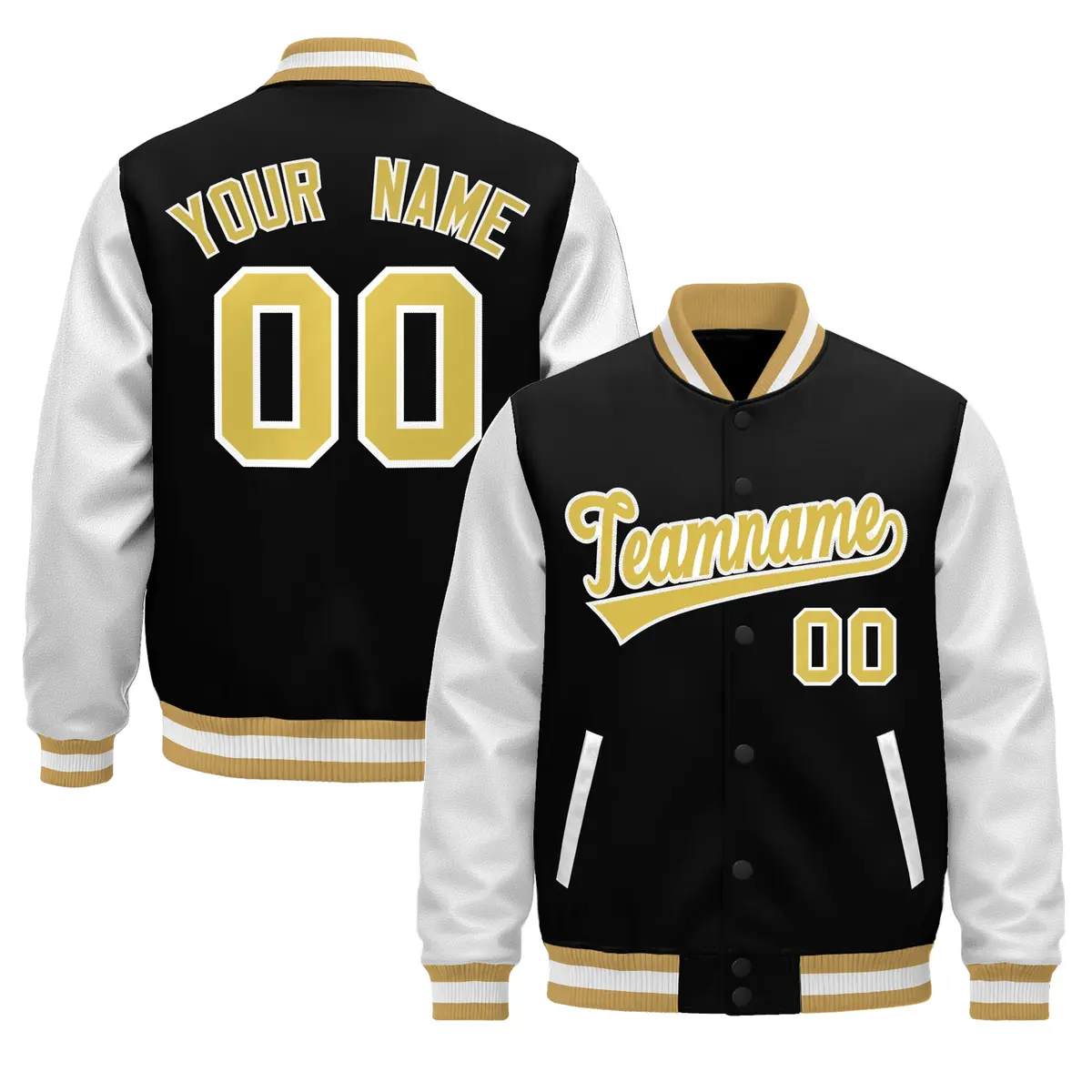 Black Old Gold White Raglan Varsity Full-Snap Leather Sleeves Letterman Jacket