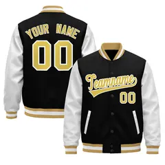 Black Old Gold White Raglan Varsity Full-Snap Leather Sleeves Letterman Jacket