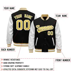 Black Old Gold White Raglan Varsity Full-Snap Leather Sleeves Letterman Jacket 2