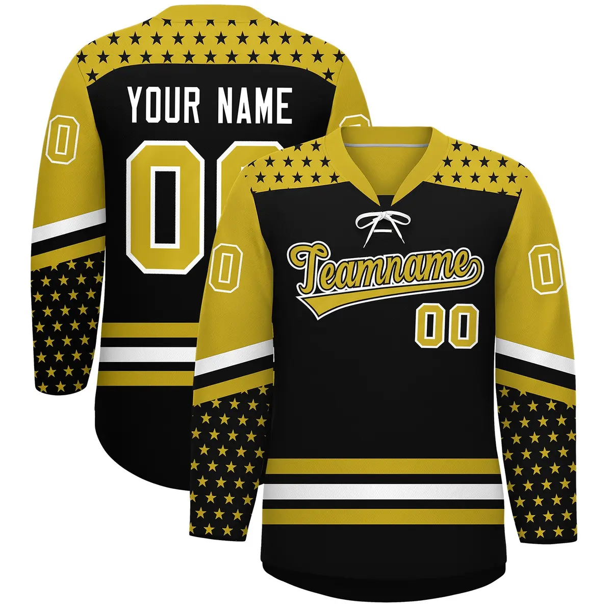 Black Old Gold White Star Series Lace-Up Neck Hockey Jersey
