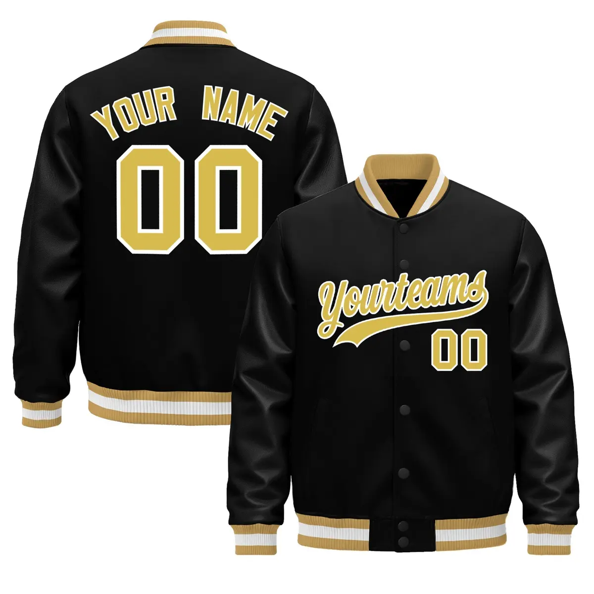 Black Old Gold White Varsity Jacket with Faux Leather Sleeves