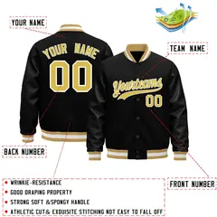 Black Old Gold White Varsity Jacket with Faux Leather Sleeves 2