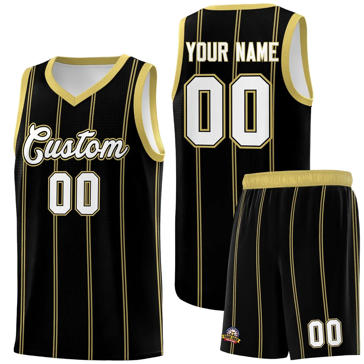 Black Old Gold White Vertical Stripes Basketball Jersey Set