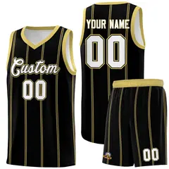 Black Old Gold White Vertical Stripes Basketball Jersey Set