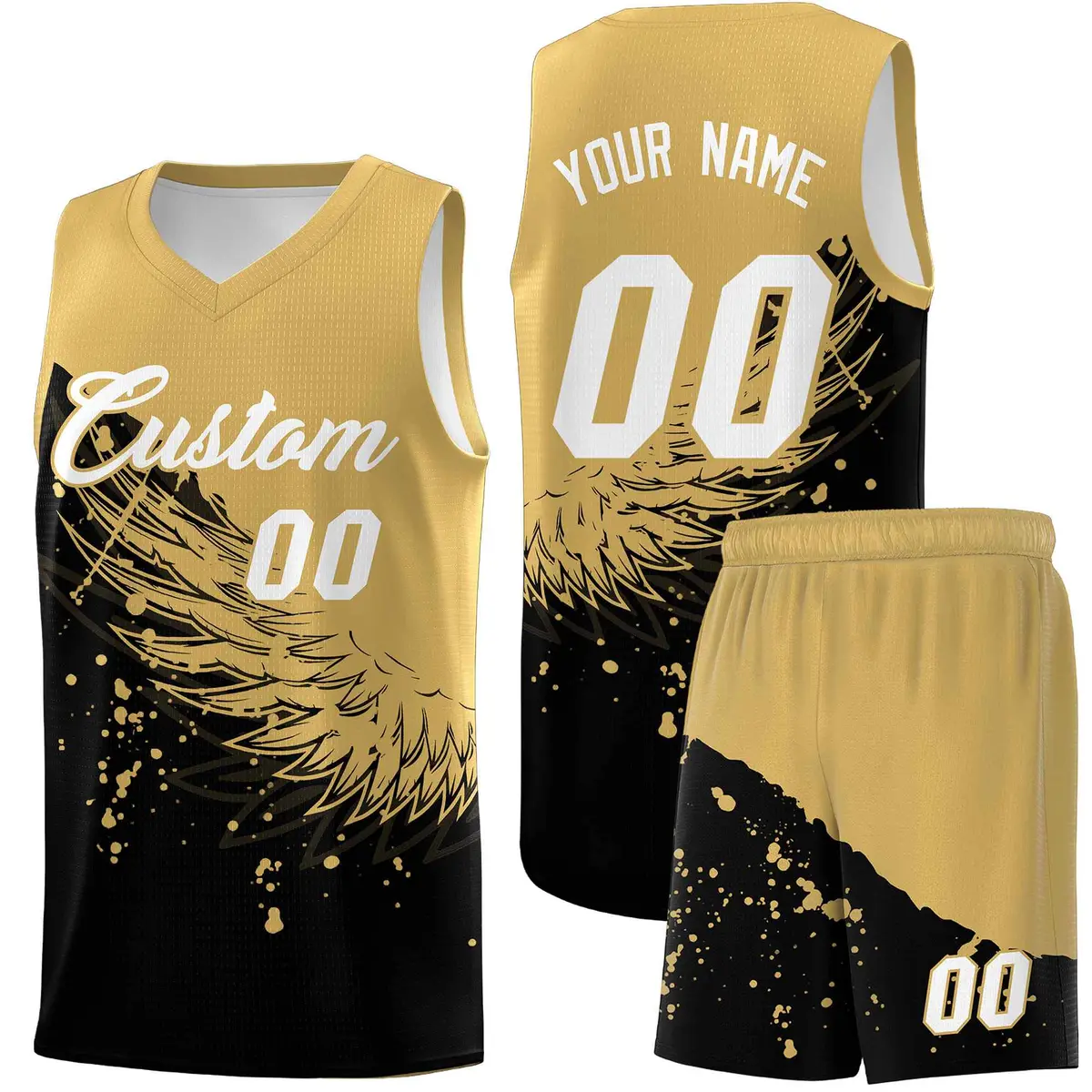 Black Old Gold Wing Pattern Basketball Sports Uniform Jersey