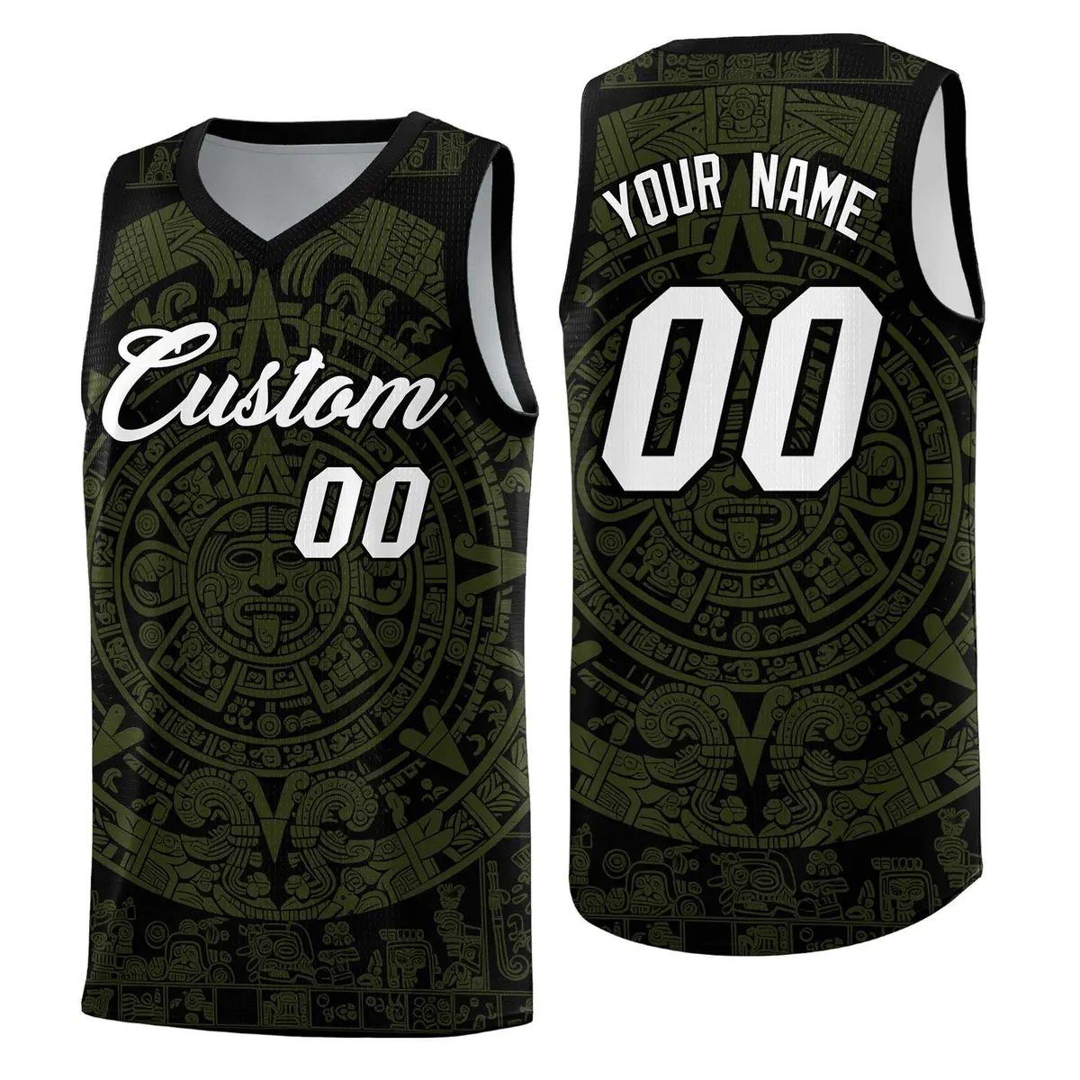 Black Olive Aztec Sun Stone Graffiti Basketball Jersey