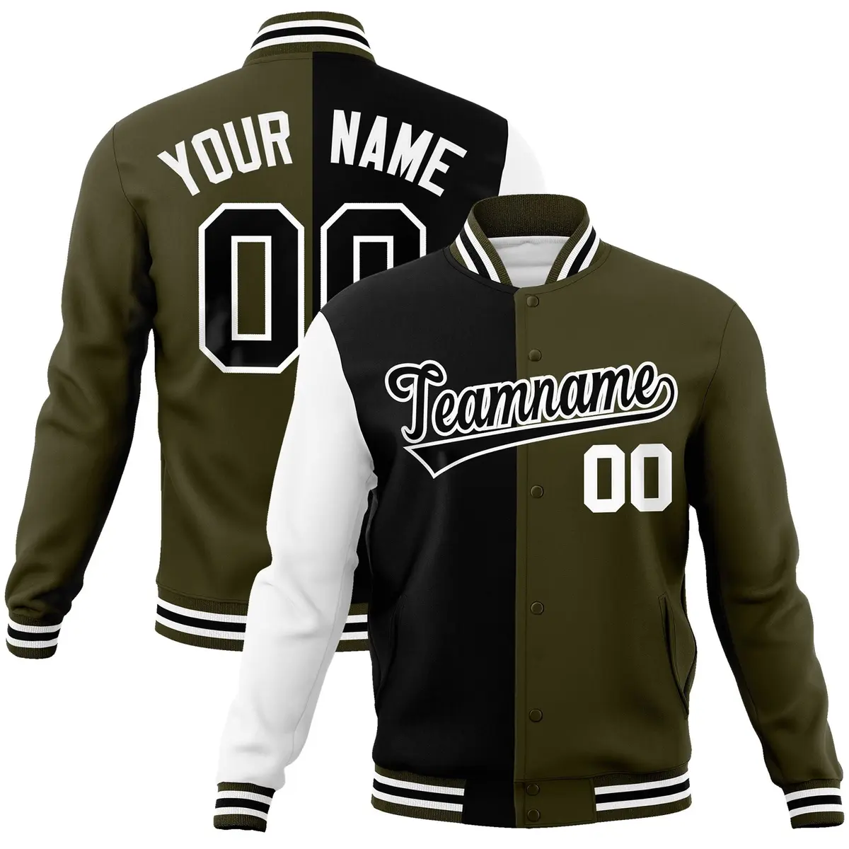 Black Olive-Black Two Tone Split Full-Snap Letterman Jacket