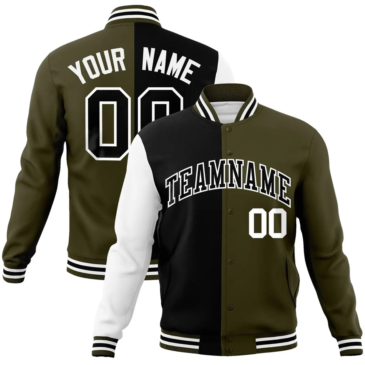 Black Olive-Black Two Tone Split Full-Snap Letterman Jacket