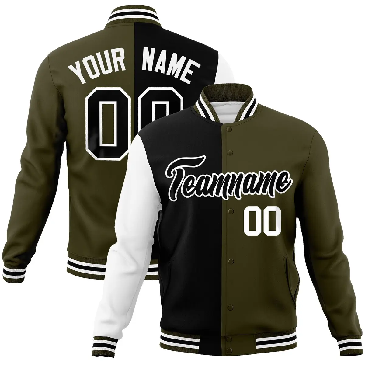 Black Olive-Black Two Tone Split Full-Snap Letterman Jacket