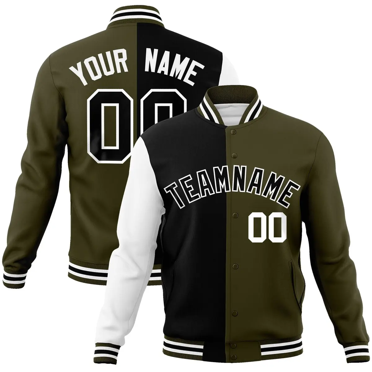 Black Olive-Black Two Tone Split Full-Snap Letterman Jacket