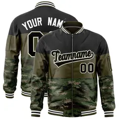 Black Olive-Camo Color Block Full-Zip Varsity Letterman Bomber Jacket