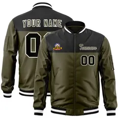 Black Olive Color Block Full-Zip Varsity Letterman Bomber Jacket