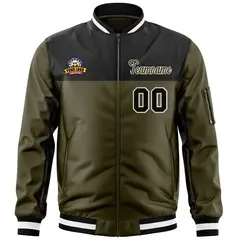 Black Olive Color Block Full-Zip Varsity Letterman Bomber Jacket 3