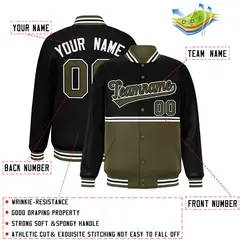 Black Olive Full-Snap Color Block Varsity Letterman Jacket 2