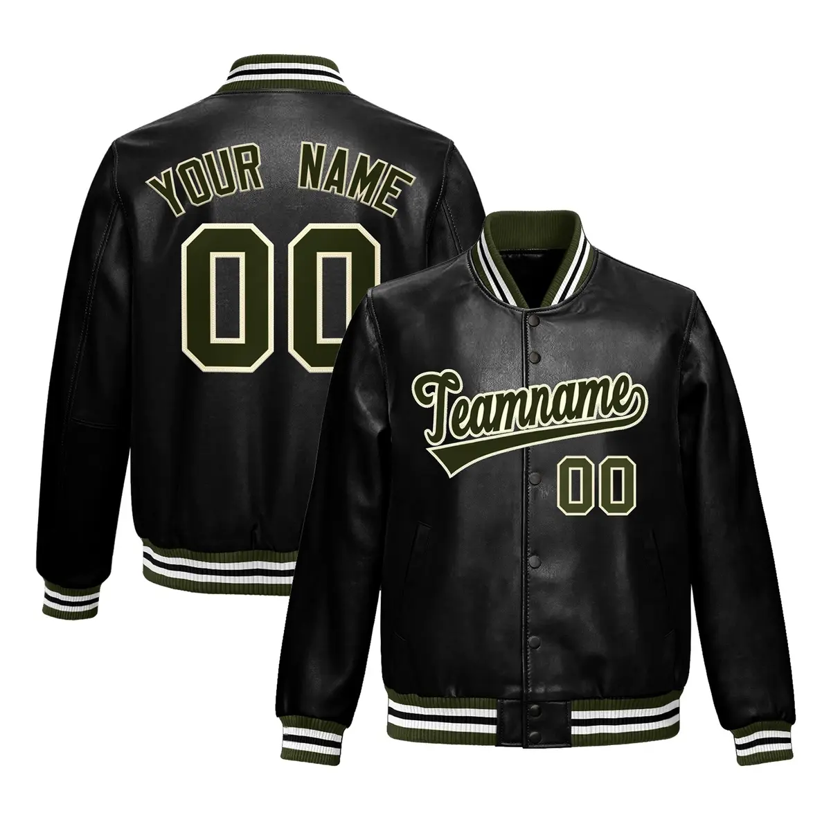 Black Olive Full-Snap Faux Leather Varsity Letterman Jacket