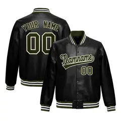 Black Olive Full-Snap Faux Leather Varsity Letterman Jacket 1