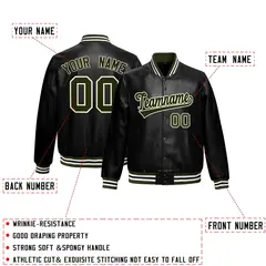 Black Olive Full-Snap Faux Leather Varsity Letterman Jacket 2
