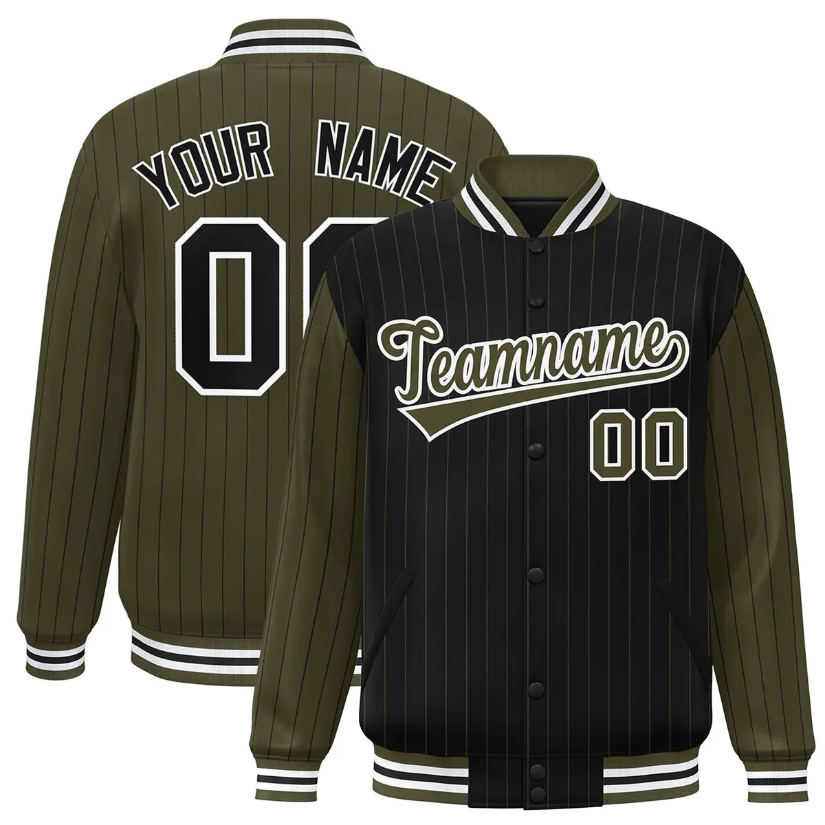 Black Olive Pinstripe Raglan Varsity Letterman Baseball Jacket