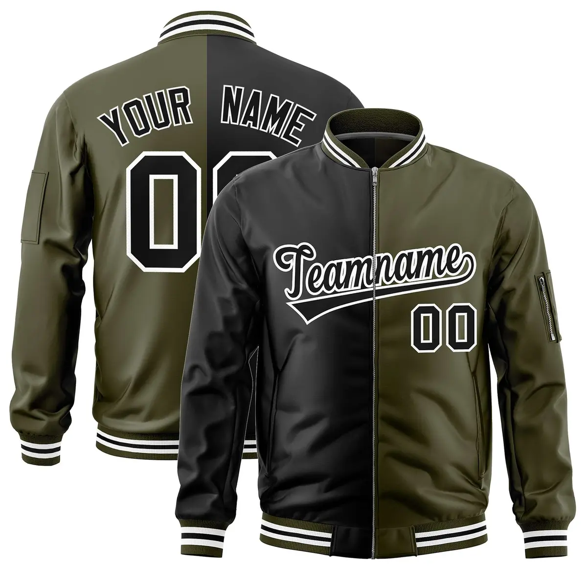 Black Olive Two Tone Full-Zip Varsity Letterman Bomber Jacket