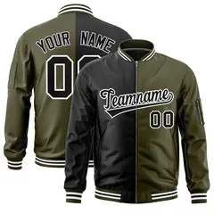 Black Olive Two Tone Full-Zip Varsity Letterman Bomber Jacket 1