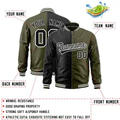Black Olive Two Tone Full-Zip Varsity Letterman Bomber Jacket 2