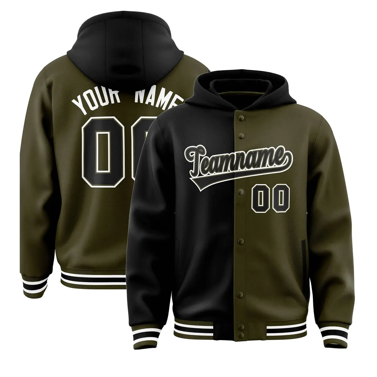 Black Olive Two Tone Split Varsity Letterman Hoodie Jacket