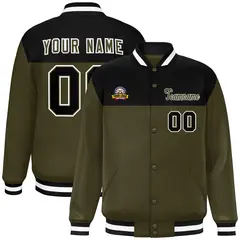 Black Olive-White Color Block Full-Snap Varsity Letterman Jacket 1