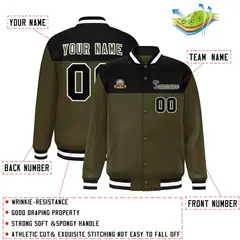 Black Olive-White Color Block Full-Snap Varsity Letterman Jacket 2
