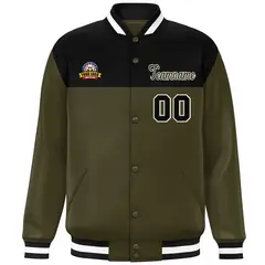Black Olive-White Color Block Full-Snap Varsity Letterman Jacket 3